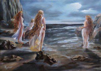 Ageliki Alexandridou; Mystic Waters, 2022, Original Painting Oil, 70 x 50 cm. Artwork description: 241 4 women on a rocky shore, gazing at the turbulent sea.  The painting is part of the sectionA world beyondwhich depicts mythical creatures and specifically of the collectionNereids.  The Nereids are an integral part of ancient Greek mythology.  These divine creatures, followers of the sea god Poseidon, ...