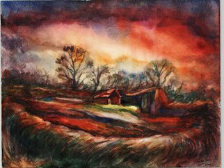 Ivan Serbezov; Red Landscape, 2006, Original Watercolor, 25 x 32 cm. Artwork description: 241 watercolor on paperSummer view in the Balkans...