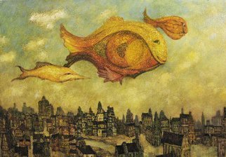 Alexandr Ivanov; Unhurried Flight Of Fishes, 2016, Original Painting Oil, 100 x 70 cm. Artwork description: 241 phantasmagoria in the sky . . . huge strange fish in the sky above the town...