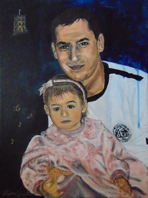 Alina Savko; Andrzej Z Nikoletta, 2019, Original Painting Acrylic, 30 x 40 cm. Artwork description: 241 It is a painting of a young father holding his baby daughter on his lap. ...