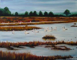 Eleanor Hartwell; Trumpeters, 2003, Original Painting Oil, 32 x 24 inches. Artwork description: 241 rumpeter swans on the Carolina coastal waterway. . . . . . . ...