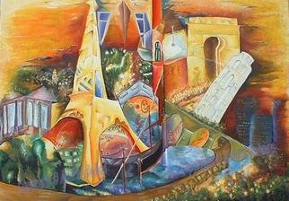 Andrei  Dobos; Europe, 2018, Original Painting Oil, 200 x 140 cm. Artwork description: 241 This painting is one of a king cubist painting incorporating several of the most common European buildings, like Tour Eiffel in Paris, a Gondole in Venice, Tower of Pisa, The Pantheon in Athens and so on. It is a stable triangular composition....