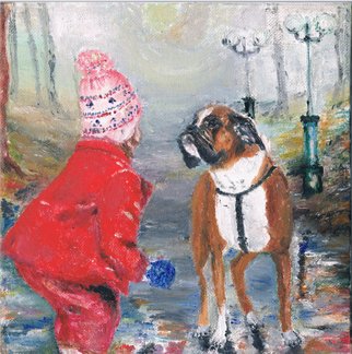 Marina Kalabukhov; Child With A Dog In Autum..., 2015, Original Painting Oil, 20 x 20 cm. Artwork description: 241   Oil paintings: autumn park, a child playing ball with the dog ...