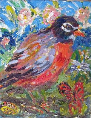 Mary Hatch; Spring Robin, 2016, Original Painting Acrylic, 10 x 8 inches. Artwork description: 241  Part of the Bird Series. Robin with flowers, butterfly, mountain in the background. Impressionist colors. ...