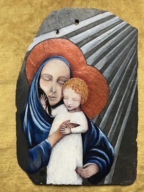 Ges  Eli; Immaculate Motherhood, 2018, Original Painting Oil, 22 x 30 cm. Artwork description: 241 appropriate the shape  of a stone leaf, taking advatage of its unique appearance, for a unique and living God...