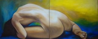 Mel Fiorentino; Transformation, 2015, Original Painting Oil, 16 x 32 inches. Artwork description: 241    This is a original nude painting. Oil on canvas. It is a two piece painting with special angled canvas. Each end is 1