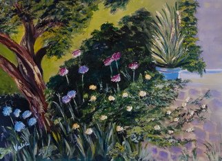 Valerie Curtiss; Peaceful Corner, 2013, Original Painting Oil, 22 x 16 inches. Artwork description: 241  Depicting a quiet peaceful corner in a garden in Portugal.  Nature, gardening, bushes, pots, flowers, tree, patio, allium, floral, rocks, green, oil  ...