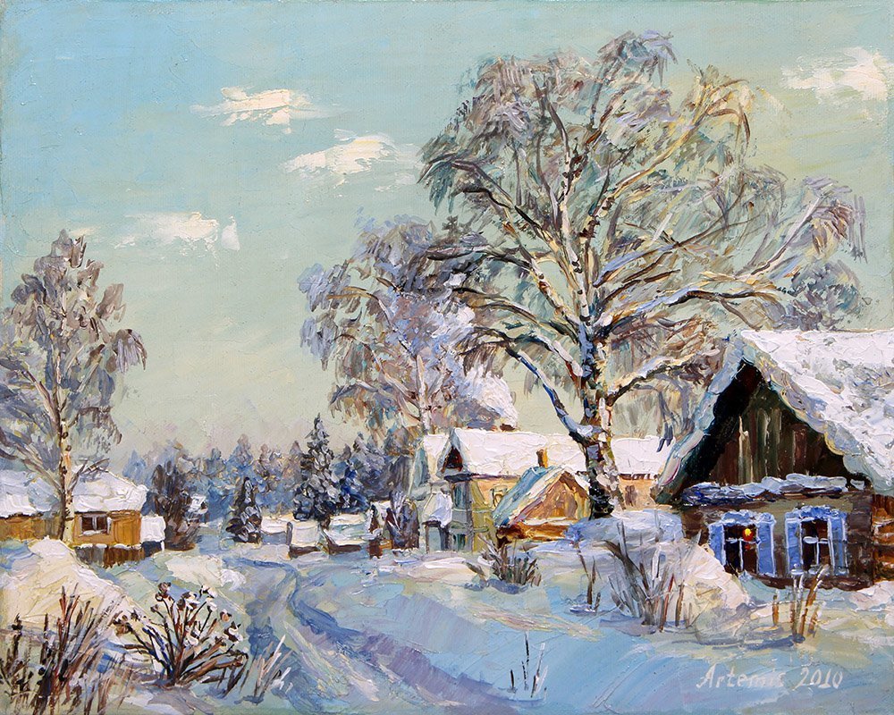 Artemis  Artists Association; Winter In Countryside, 2010, Original Painting Oil, 30 x 24 cm. Artwork description: 241 Art for sale, framed oil painting, Russia, Sell Art Online, Art For Sale, Free Art Gallery, Sell Paintings, winter, village, sun, nature, birch, snow, way, house...
