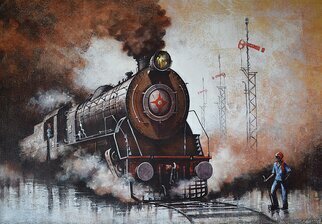 Kishore Pratim Biswas; Steam Locomotives 05, 2018, Original Painting Acrylic, 48 x 33 inches. Artwork description: 241 At that time, I was around 5 to 6 years old.  I lived in a place where locomotives travel around.  And I was always running out to watch them and loved to sketch them.  This was my old memory of childhood.  I try to recall those memories ...