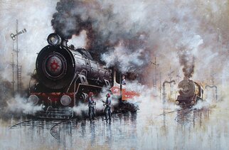 Kishore Pratim Biswas; Steam Locomotives 31, 2023, Original Painting Acrylic, 58 x 37 inches. Artwork description: 241 At that time, I was around 5 to 6 years old.  I lived in a place where locomotives travel around.  And I was always running out to watch them and loved to sketch them.  This was my old memory of childhood.  I try to recall those memories ...