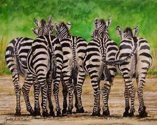 Judith Smith Wilson; Ladies Gossip Society, 2005, Original Watercolor, 11 x 14 inches. Artwork description: 241  Five Zebras standing together exchanging gossip. Original $4,500.  Open Edition Prints Available $35. 00....
