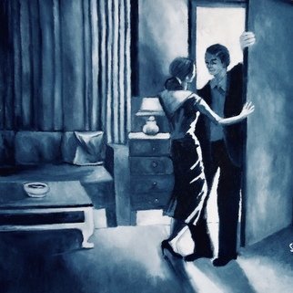 Robert Solari; Night Cap, 2016, Original Painting Oil, 28 x 28 inches. Artwork description: 241 A couple coming home from a night of partying decide to have one more drink, however the woman is not sure thats a good idea. ...