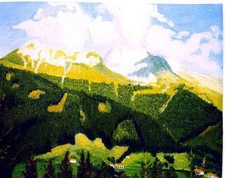 Aurelio Zerla; Alpine View, 1991, Original Painting Oil, 18 x 14 inches. Artwork description: 241 View of Pre- Alps at Borno, Italy. Here I enjoyed capturing the play between the shapes of the clouds, and the peaks of the mountains, in a bright sunny day....