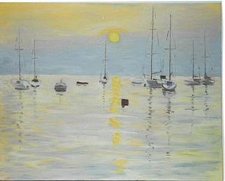 Aurelio Zerla; Sunset On Lake Garda, 1994, Original Painting Oil, 30 x 26 inches. Artwork description: 241 Here I wanted to capture the great sense of transparency of the lake surface, where the boats seemed to barely touch the water, in contrast to the warm color of the sun setting and its reflection. ...