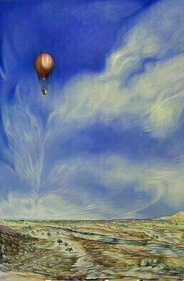 Austen Pinkerton, 'Hot Air Balloon', 2008, original Printmaking Giclee - Open Edition, 600 x 900  cm. Artwork description: 5553 A Hot Air Balloon floats in a clear blue sky with hazy clouds above a barren sparsely treed and rocky landscape....