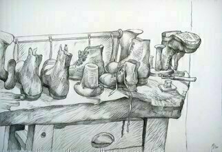 Austen Pinkerton, 'Boots', 2020, original Drawing Pencil, 42 x 28  x 1 cm. Artwork description: 1758  These boots were made for walking, that s what they re gonna do . . . . . . . . the  cobblers bench  display at Narberth Museum. 42 x 28 cm. Pencil and Blender. Narberth Art Group, Friday October 9th. ...