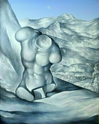 Austen Pinkerton, 'Study In Grey And Blue', 2020, original Painting Acrylic, 40 x 50  x 2 cm. Artwork description: 1758 Stll life of resin casting of copy of antique sculpture. On table with mountainous landscape in background. ...