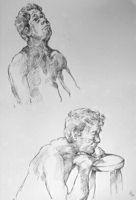 Austen Pinkerton, 'Two Quick Studies Of Stephen', 2020, original Drawing Pencil, 32 x 42  x 1 cm. Artwork description: 1758 Two 15 minute sketches of the model Stephen at Narberth Life Drawing Group, Narberth, Pembrokeshire, UK...