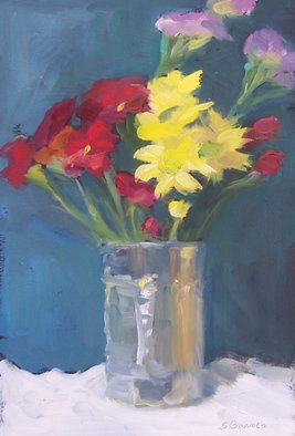 Susan Barnes; Flowers In Can, 2009, Original Painting Oil, 7 x 10.5 inches. 