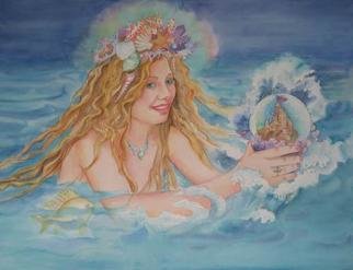 Lesta Frank; Sea Fairy, 2005, Original Other, 26 x 19 inches. Artwork description: 241 the sea fairy emerges from the water, having found a globe that houses a  miniature sandcastle. a rainbow aura surrounds her crown of seashells and coral....