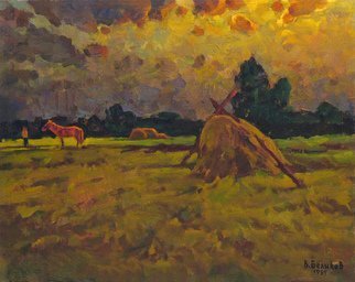 Sergey Belikov; Red Horse, 1981, Original Painting Oil, 56 x 45 cm. Artwork description: 241 Original oil painting on canvas, landscape in impressionistic style with the view of red horse on the meadow...