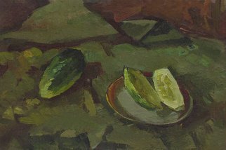 Sergey Belikov; Still Life With Cucumbers, 1980, Original Painting Oil, 34 x 50 cm. Artwork description: 241 Original oil painting on cardboard, still life in impressionistic style with the cucumbers and plate...