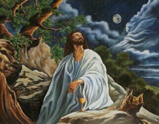 Jim Collins; Jesus At Gethsemane, 2024, Original Painting Oil, 12 x 9 inches. Artwork description: 241 Jesus prays to God in the garden before He is taken to the cross as an angel comes to strengthen Him, from Matthew 2636- 46...
