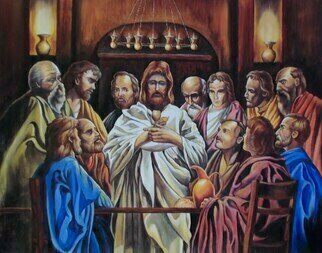 Jim Collins; Jesus Communion, 2024, Original Painting Oil, 12 x 9 inches. Artwork description: 241 Jesus begins the covenant at the last supper of bread as His broken body for the church and the wine as His blood for the covering of our sins...