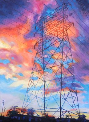 Bonnie Lambert; Colossus, 2013, Original Painting Oil, 40 x 30 inches. Artwork description: 241 A huge transmission tower stretches into the glowing sunset...