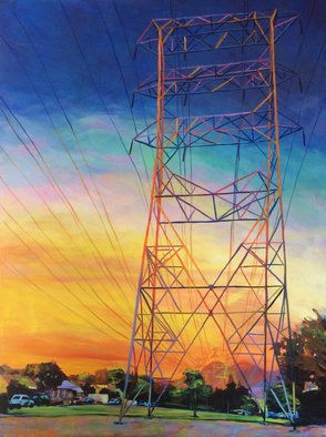 Bonnie Lambert; Fire Power, 2016, Original Painting Oil, 30 x 40 inches. Artwork description: 241 sunset, twilight, power tower, lines, neighborhood, park, urbanscape, cityscape, California, trees, homes, houses, street, distance...
