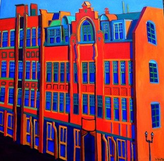 Debra Bretton Robinson; Queen Anne, 2017, Original Painting Acrylic, 42 x 42 inches. Artwork description: 241 Architecture, painting, building, windows, details, Lowell, MA, Massachusetts, red, orange, blue...