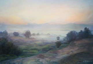 Bukhina Maya; Dawn, 2005, Original Painting Oil, 59 x 41 cm. Artwork description: 241  Early in the morning, I went to look at dawn. Over the land is the fog. Suddenly I through the fog became visible tops of bushes and trees. . . ...