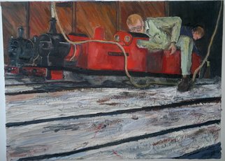Paul Cairns; Samantha Getting Prepped ..., 2016, Original Painting Oil, 102 x 85 cm. Artwork description: 241  Two brothers prep their trains for bank holiday display. I like the fact that there are still places teenagers can access lathes and steam engines. ...