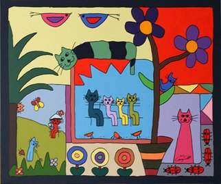 Carey Scott; Cats Escapade, 2010, Original Painting Acrylic, 90 x 70 cm. Artwork description: 241  Cats Escapade is a fun, bold painting making a statement of color and simplicity. Carey's highly orginal style brings an almost childlike innocence to her work. The picture tells a much deeper life story. Carey' s work can be inspiring and deeply moving.  ...