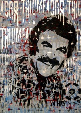 Carlos Madriz; Tonico Triunfador, 2017, Original Printmaking Other, 50 x 70 cm. Artwork description: 241 Parody of menA's virility tonic using US actor Tom Selleck as the commercial image.Limited edition produced using manual printing techniques, fixing stencils cut by hand using X- Acto blades to silkscreen printing frames. Tones and shades are superimposed on each other, in a radical departure ...