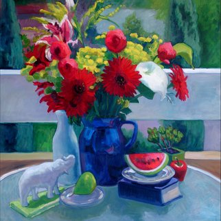 Carol Steinberg; Red Gerbers With Watermelon, 2005, Original Painting Oil, 36 x 36 inches. Artwork description: 241     flowers floral porch    ...