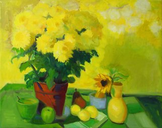 Carol Steinberg; Yellow Mums On Yellow, 2010, Original Painting Oil, 30 x 24 inches. Artwork description: 241     flowers floral yellow still chrysanthemums mumsbright cheerful ...