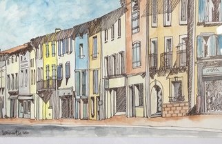Catriona Brough; French Street Scene, 2020, Original Watercolor, 25 x 15 cm. Artwork description: 241 Quillan street muted colours...