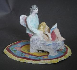 Bobbie Newman; Her Guardian Angel, 2005, Original Sculpture Ceramic, 4 x 3 inches. Artwork description: 241 Female Lover reading a book in a chair with winged male watching over her. Stained bisque ware....