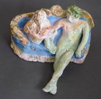 Bobbie Newman; The Story, 2005, Original Sculpture Ceramic, 5 x 5 inches. Artwork description: 241 Nude lovers on an ornate couch, the male wearing a crown and telling a story, the female listening intently - Stained Bisque ware....