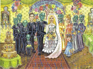 Cheryl Johnson; Mixed Marriage, 2006, Original Drawing Marker, 28 x 22 inches. Artwork description: 241  This is a large drawing of a wedding party at the reception hall posing for the wedding pictures. The bride is a human girl and the groom is a green martian. The entire wedding party is mixed- martian and human. ...