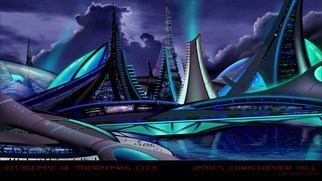 James Hill; Meraparis City , 2012, Original Digital Art, 20 x 10 inches. Artwork description: 241  Futuristic City Designs, Sci- Fi, Architecture, Power, Solar, Wind, Concept Design, Modern City, Technology, Skyscrapers, Sustainable, Blue, Laser, Tesla ...