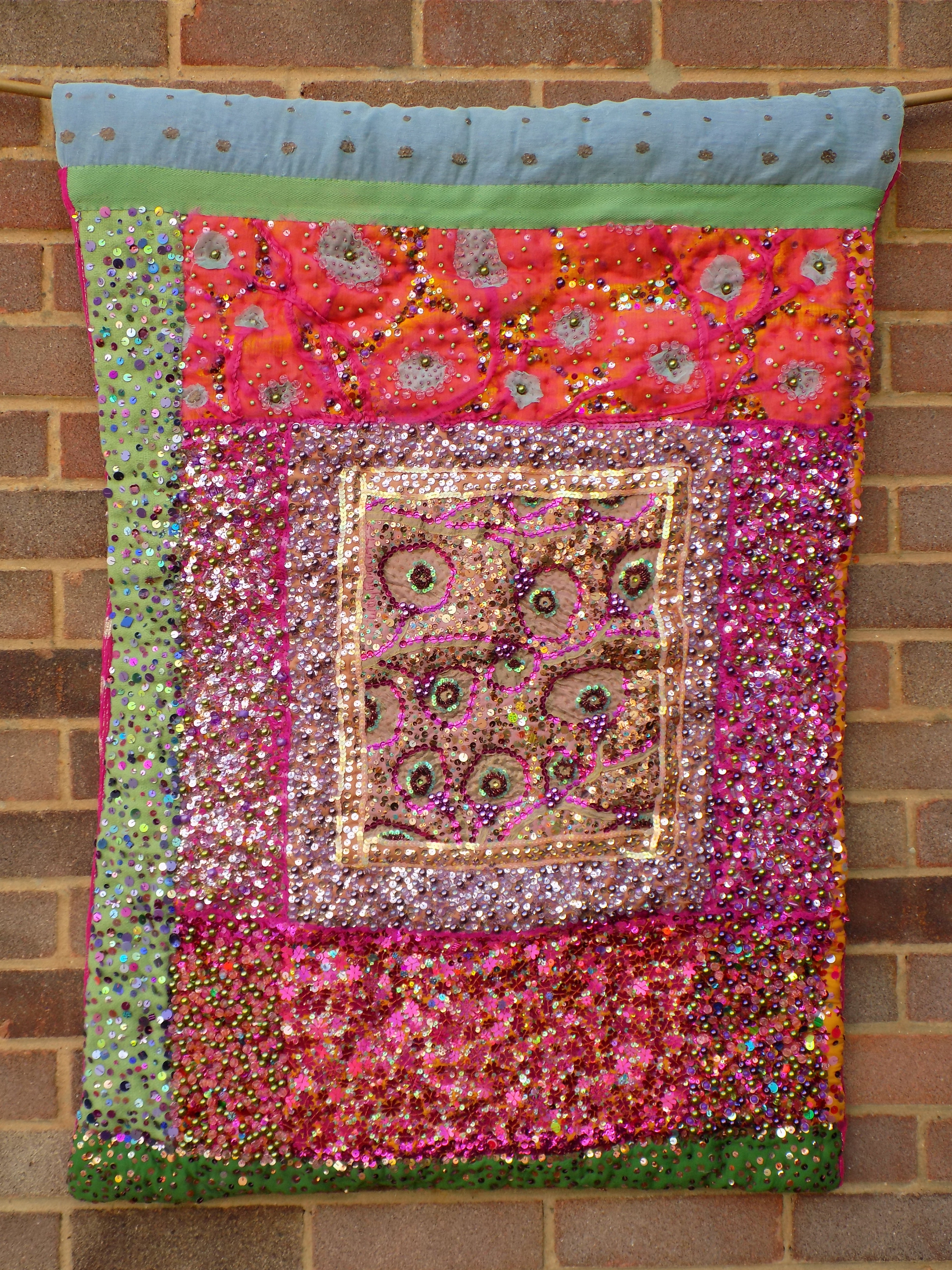 Christine Cunningham; Abstract Flower Design G, 2017, Original Textile, 30 x 41 inches. Artwork description: 241 Abstract Flower Design using simple applique with beads and light reflective sequins.  Rich colour palette of pinks and purples, golds and greens.  Iridescent in sunlight.  From The Abstract Flower Design range in The Natural Collection...