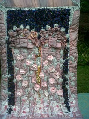 Christine Cunningham; Angel Wings, 2017, Original Textile, 44 x 71 inches. Artwork description: 241 Abstract creation of the gates of Heaven, created from quilted padded applique 3D Angel Wings adorned in delicate lace and silk flowers, and light reflective sequins.  A thunderous sky overhead captures the emotional trauma surrounding death, created from scraps of fabrics, hand stitched using a tatty matting ...