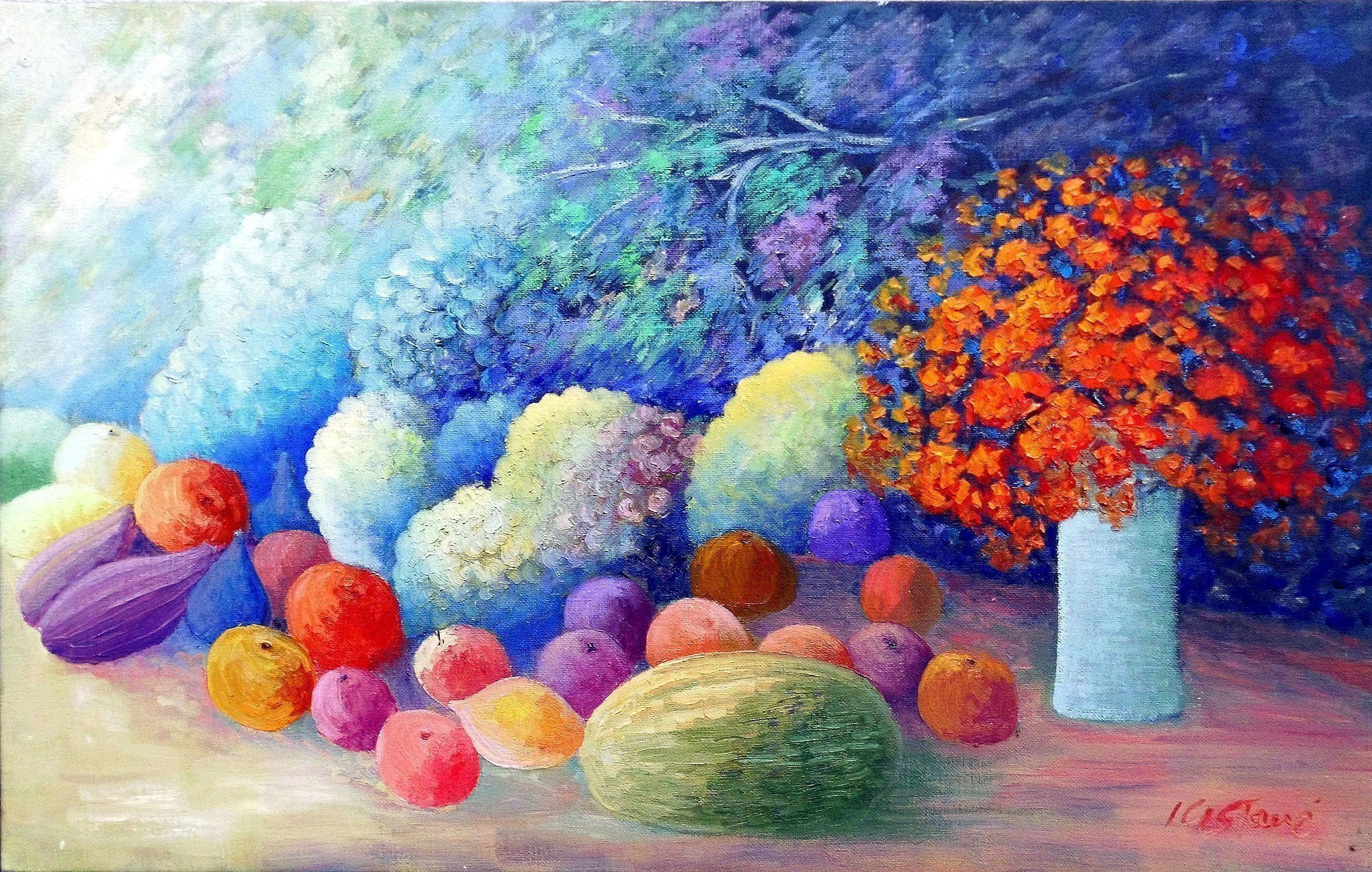 Isidro Cistare; Bodegon Luces Y Sombras, 2006, Original Painting Oil, 130 x 80 cm. Artwork description: 241 Oil painted on canvas with spatula and brushes with great contribution of matter.  The artist wanted to reflect in this still life the light that comes from the left creating shadows, which enhance the contrast of the colors.  Work with lots of light and color typical of ...