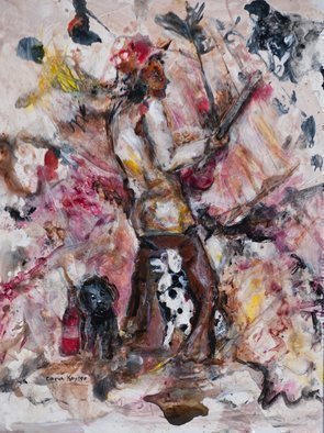Caren Keyser, 'Dog Man Blues', 2016, original Painting Acrylic, 9 x 12  x 2 cm. Artwork description: 3099  The spotted dog sits between the mans legs.  music, dog, uke, fiddle, blues, musician, pet, dalmation, brown, black, pink, red, yellow, black dog, spot, yupo ...