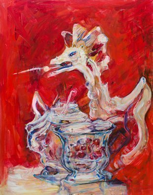 Caren Keyser, 'Dragon Tea', 2016, original Painting Acrylic, 11 x 14  cm. Artwork description: 3099  A fire breathing dragon rises out of the crystal teapot. There is also a crystal bowl with cherries. The china red background gives it an oriental flair. The painting is acrylic on Yupo, a plastic paper. ...