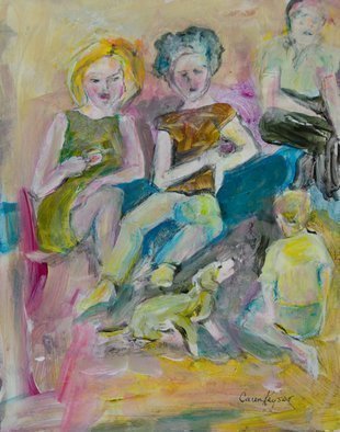 Caren Keyser, 'Family Room', 2017, original Mixed Media, 11 x 14  x 0.1 cm. Artwork description: 3099 This family is gathered in the living room or family room. The boy and the dog are playing on the floor. The mustached man sits off to the side in his chair while the two women talk on the sofa. ...