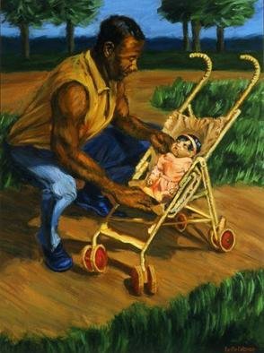 Lucille Coleman; Man Tending Baby, 2003, Original Painting Oil, 18 x 24 inches. Artwork description: 241 A father lovingly tends to his baby during a walk in the park. A strong man and a little soft baby juxtaposed reveals a refreshing and strong contrast.A(c) 2003 Lucille Coleman...