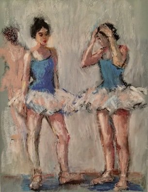 Connie Chadwell; Ballerinas Conversation, 2018, Original Pastel Oil, 9 x 12 inches. Artwork description: 241 Connie Chadwell, oil pastel, ballerinas, dancers, limited palette, ballet, two young ballet dancers are talking with each other with one has both hands on her head as if she has forgotten something...